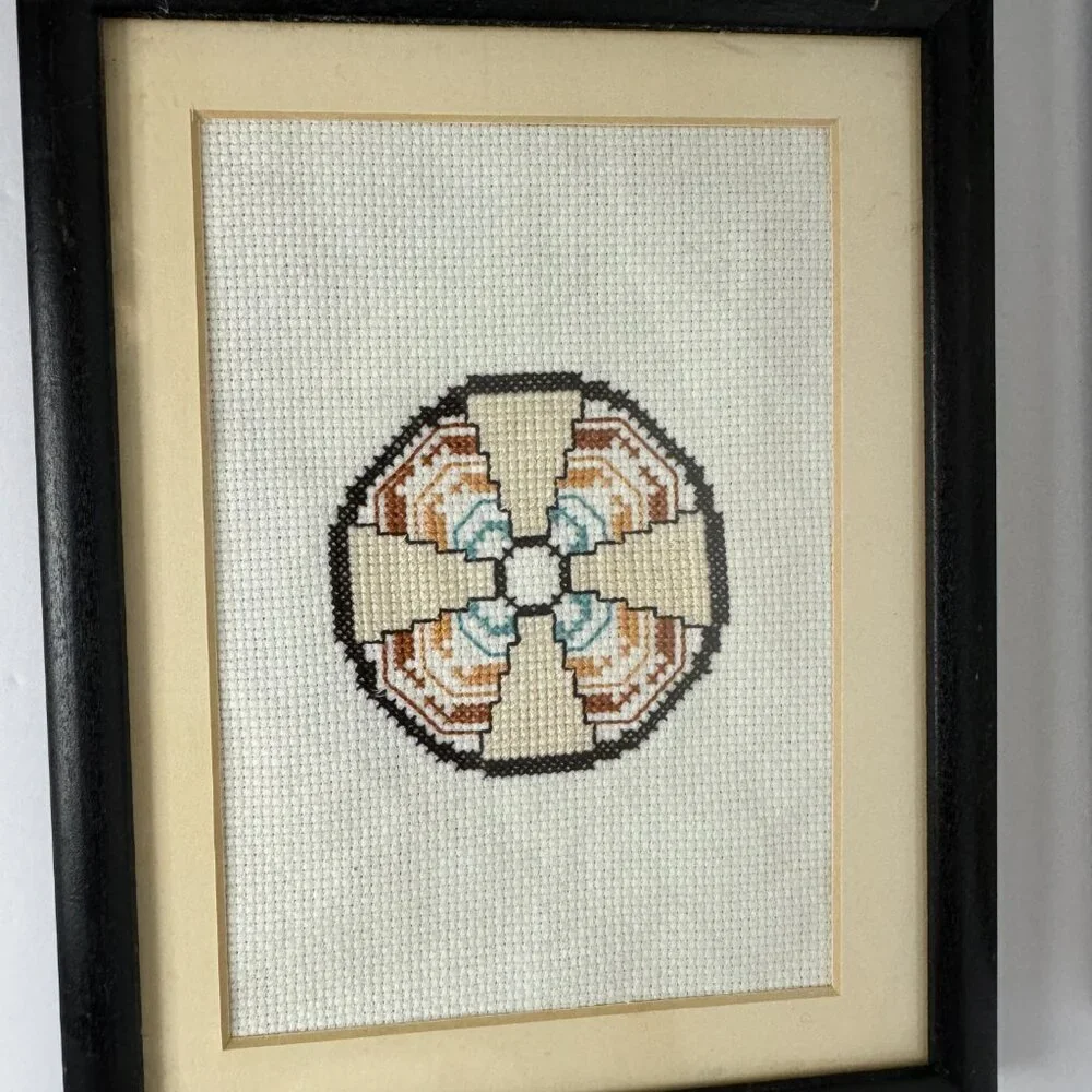 Vintage Hand Cross Stitch Native American Symbols Framed Set of 4